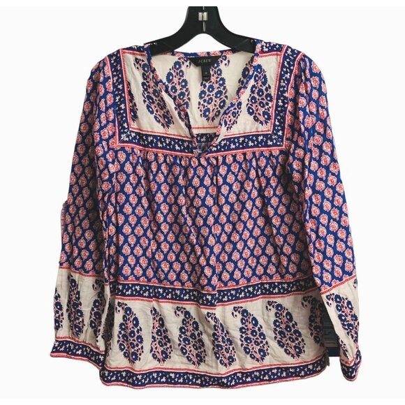 J.Crew French Country Peasant Red White Blue Paisley Top Boho Preppy Size XSmall - Picture 2 of 11